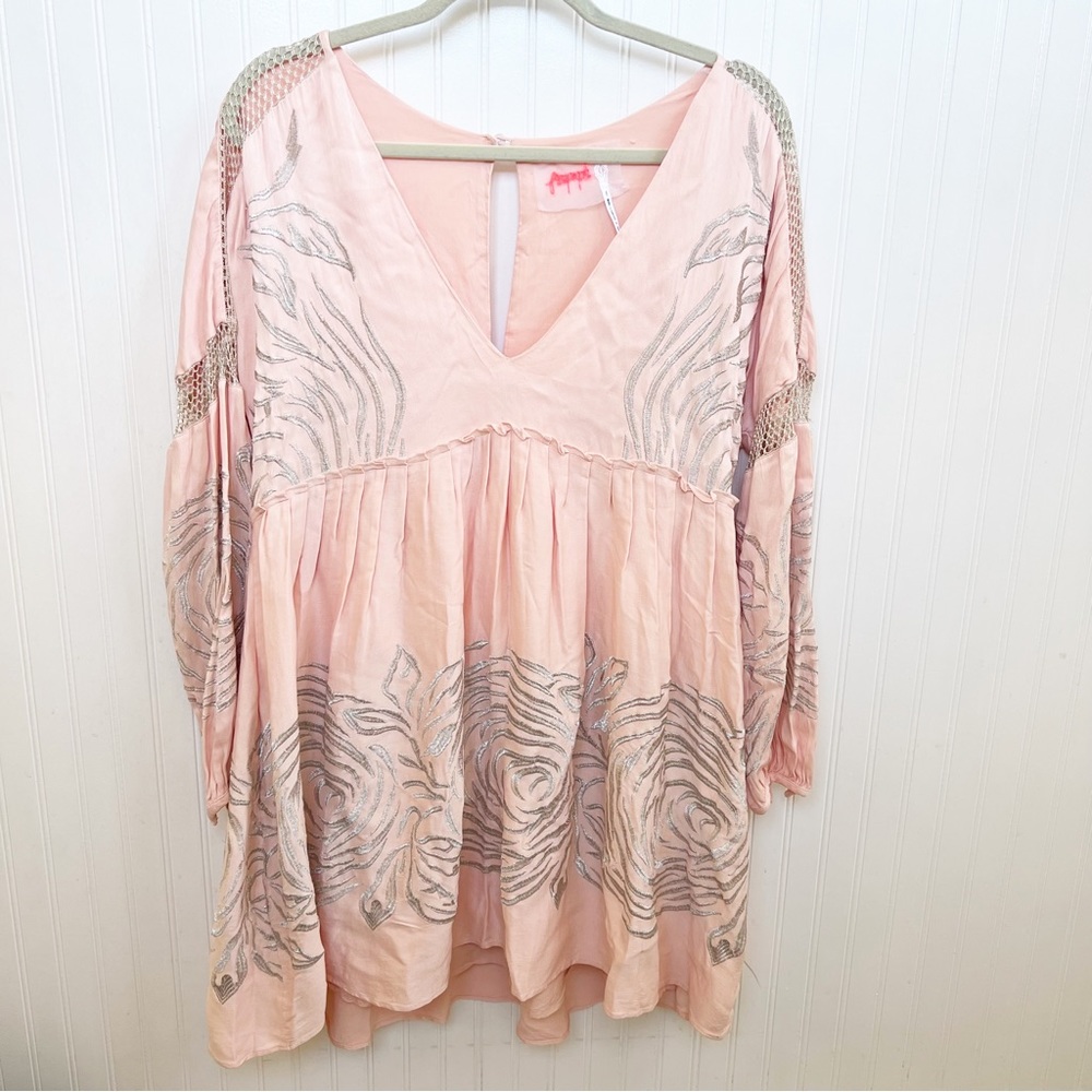 Free People Light Pink & Silver Metallic Embroidery Starlight Mini Dress Medium